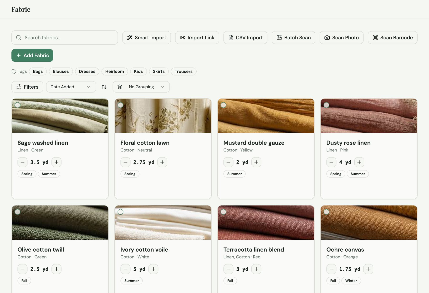 The Sewist Studio fabric page: a photo grid of linen, cotton lawn and gauze cuts, each with yardage and season tags