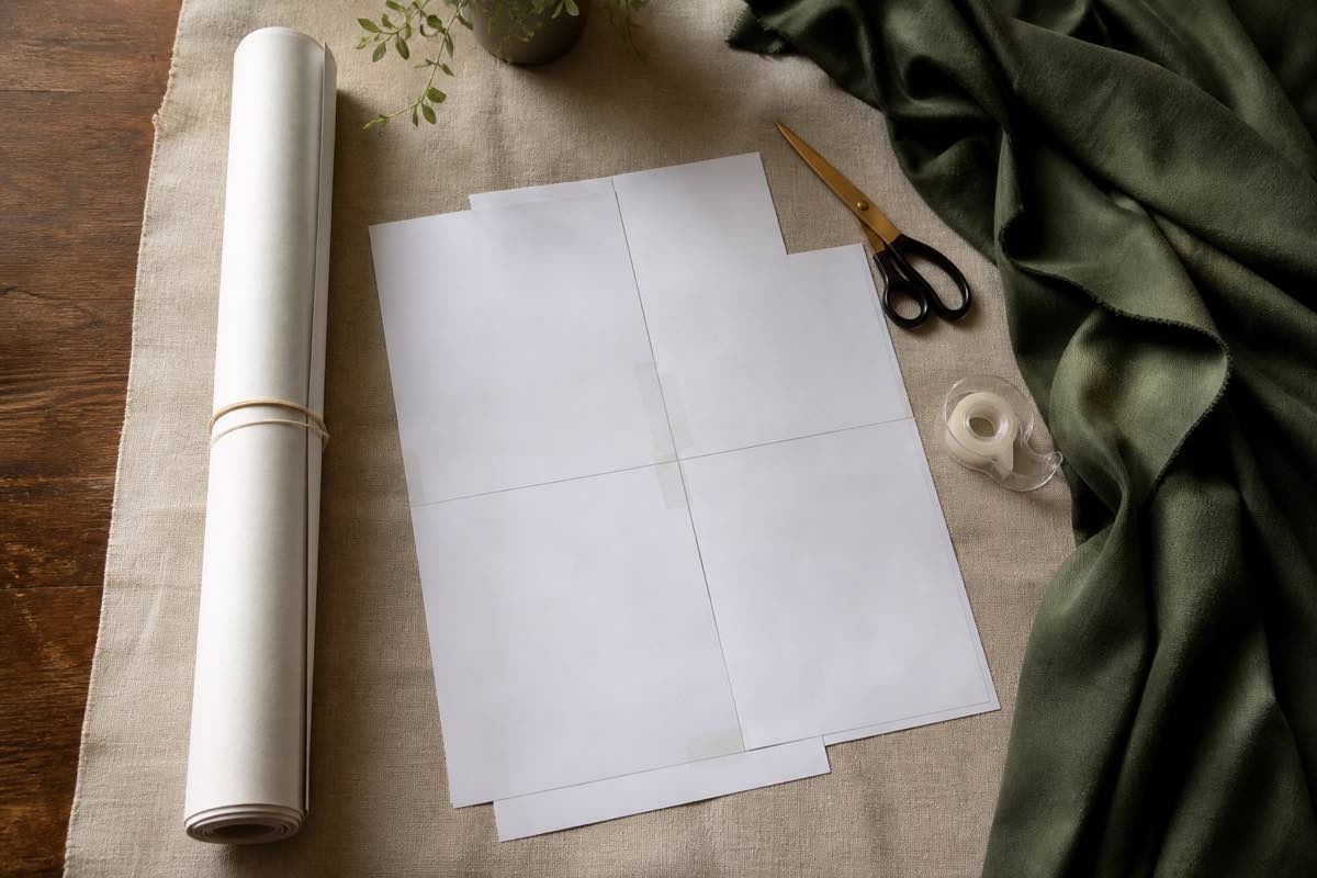 Overhead flat lay comparing a large rolled A0 pattern paper with a stack of taped print-at-home letter pages, scissors, tape, and forest green fabric on a wooden desk