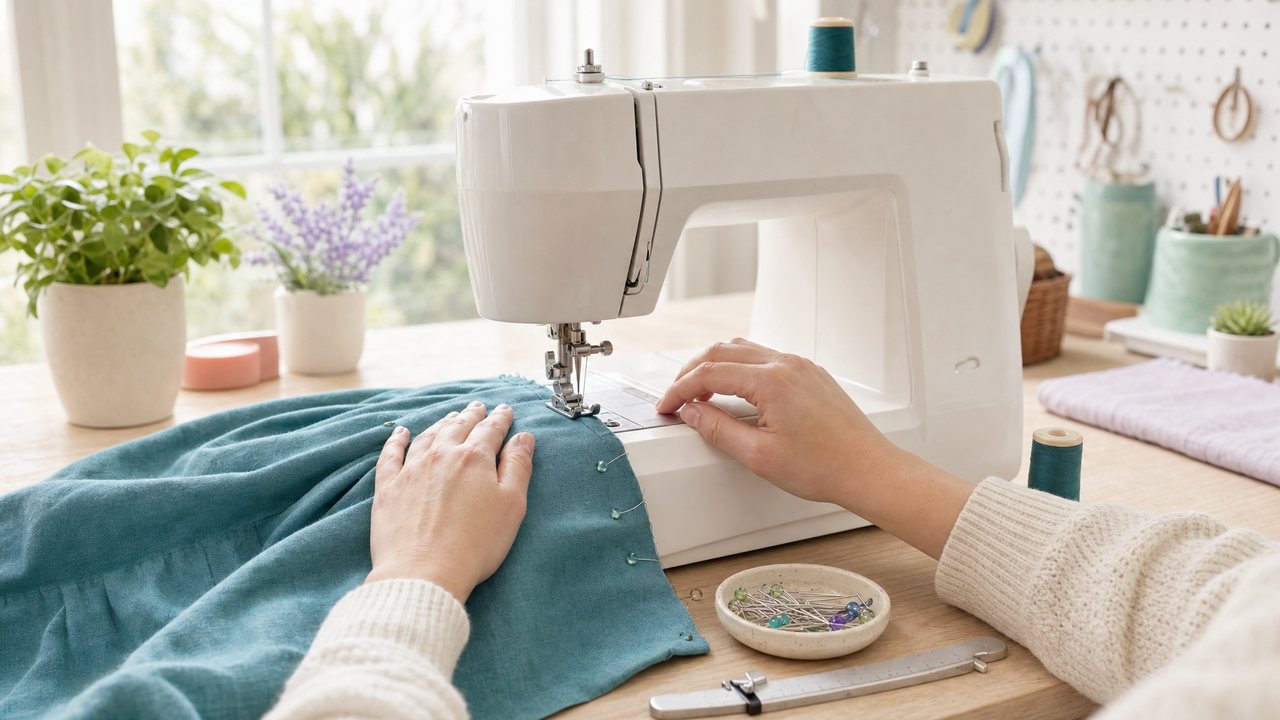 Hands pausing over a sewing machine mid-seam on a teal cotton skirt panel, with pins and a seam gauge on the table