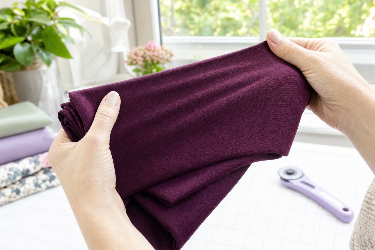 Hands holding up a folded length of plum ponte knit toward a window to show its stretch and texture