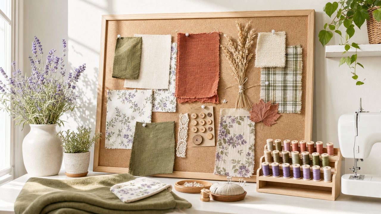 A corkboard of fabric swatches in rust, olive and cream with dried grasses and a wooden button card, above a sewing table