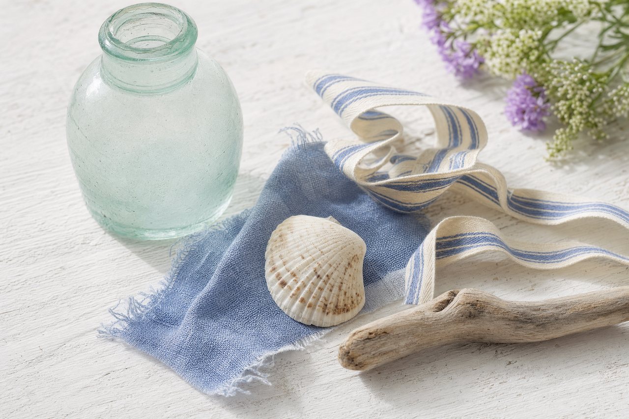 Loose inspiration objects on a table: a sea-glass jar, a faded blue linen scrap, a shell and a strip of striped ribbon