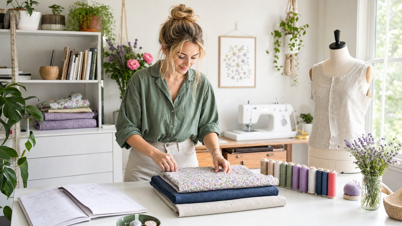 Sewing studio table with a pattern envelope, folded floral and denim fabric, thread spools and a dress form