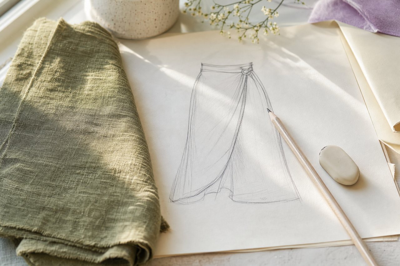 A pencil sketch of a wrap skirt on cream paper beside the olive linen it is planned in and a folded pattern