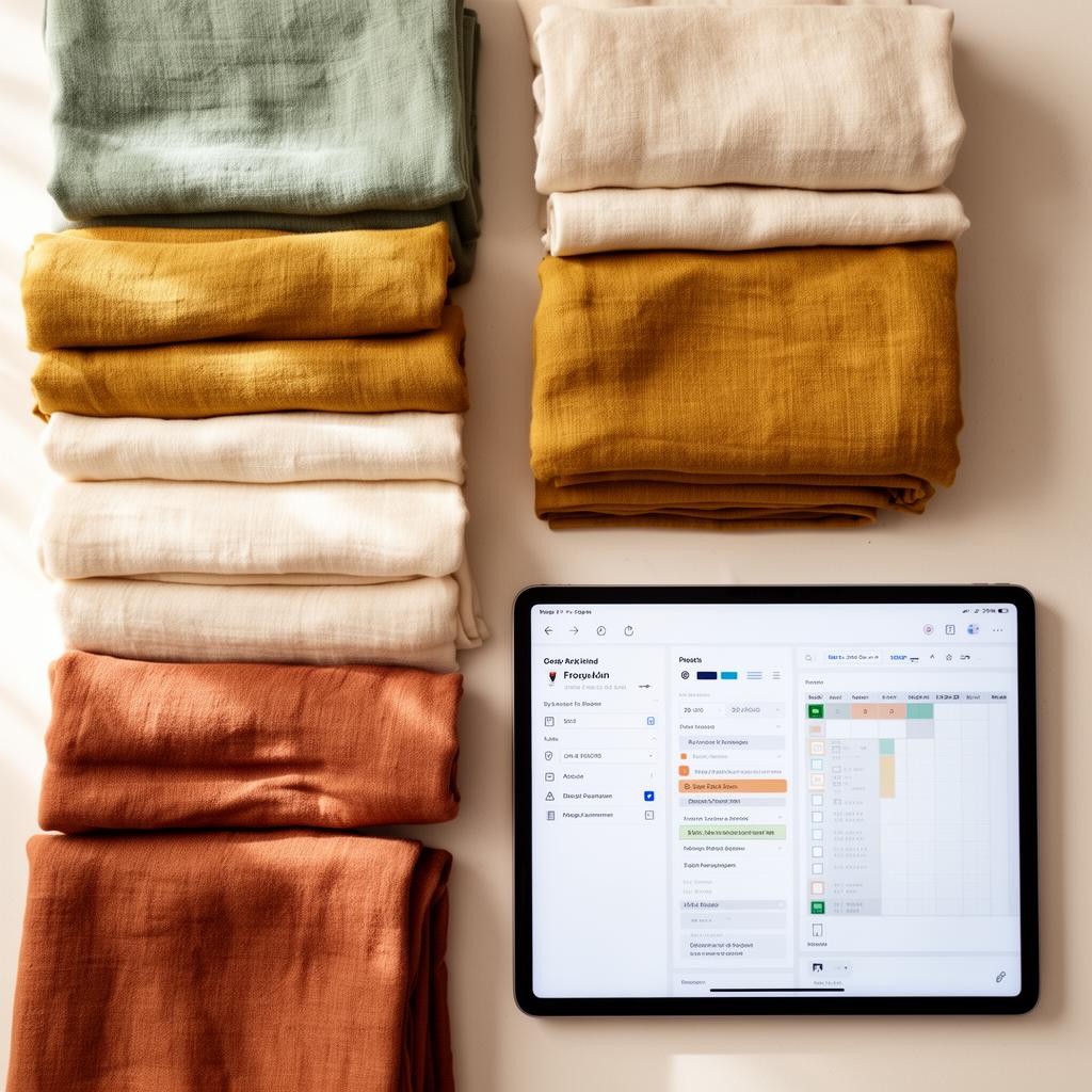 Folded fabric stacks beside a tablet showing an AI-generated sewing project planner
