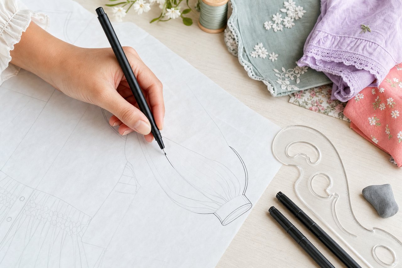 A hand inking a sleeve flat over a light pencil template on layout paper, with a French curve and fine liners nearby
