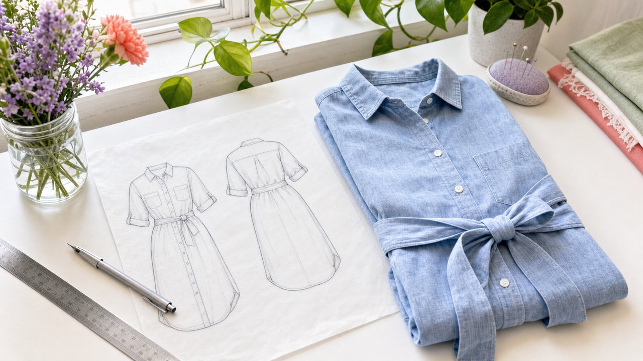 Pencil line drawings of a shirt dress, front and back, on tracing paper beside a folded chambray shirt dress and a ruler