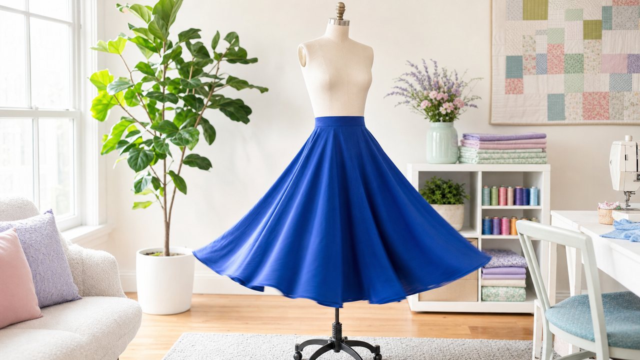 A dress form in a full circle skirt of cobalt rayon, the hem caught mid-swing in a sunlit sewing room