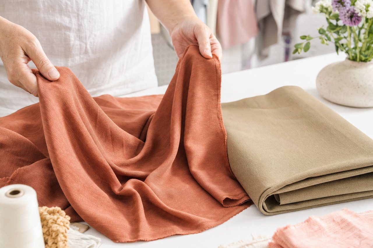 Hands lifting a length of rust viscose challis so it falls in soft folds beside a stiff fold of khaki cotton twill