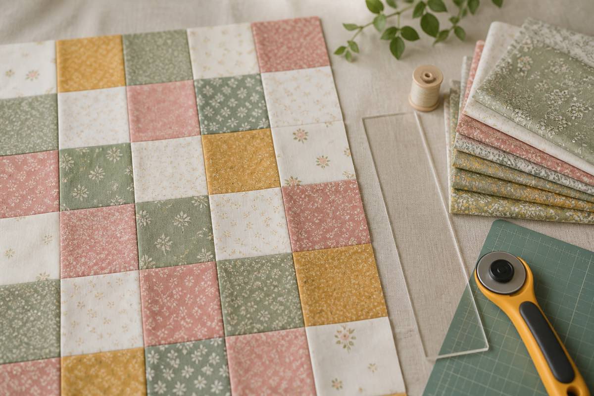 A beginner patchwork quilt top of colorful fabric squares laid out in a grid beside a rotary cutter, ruler, cutting mat, and stacked quilting cottons