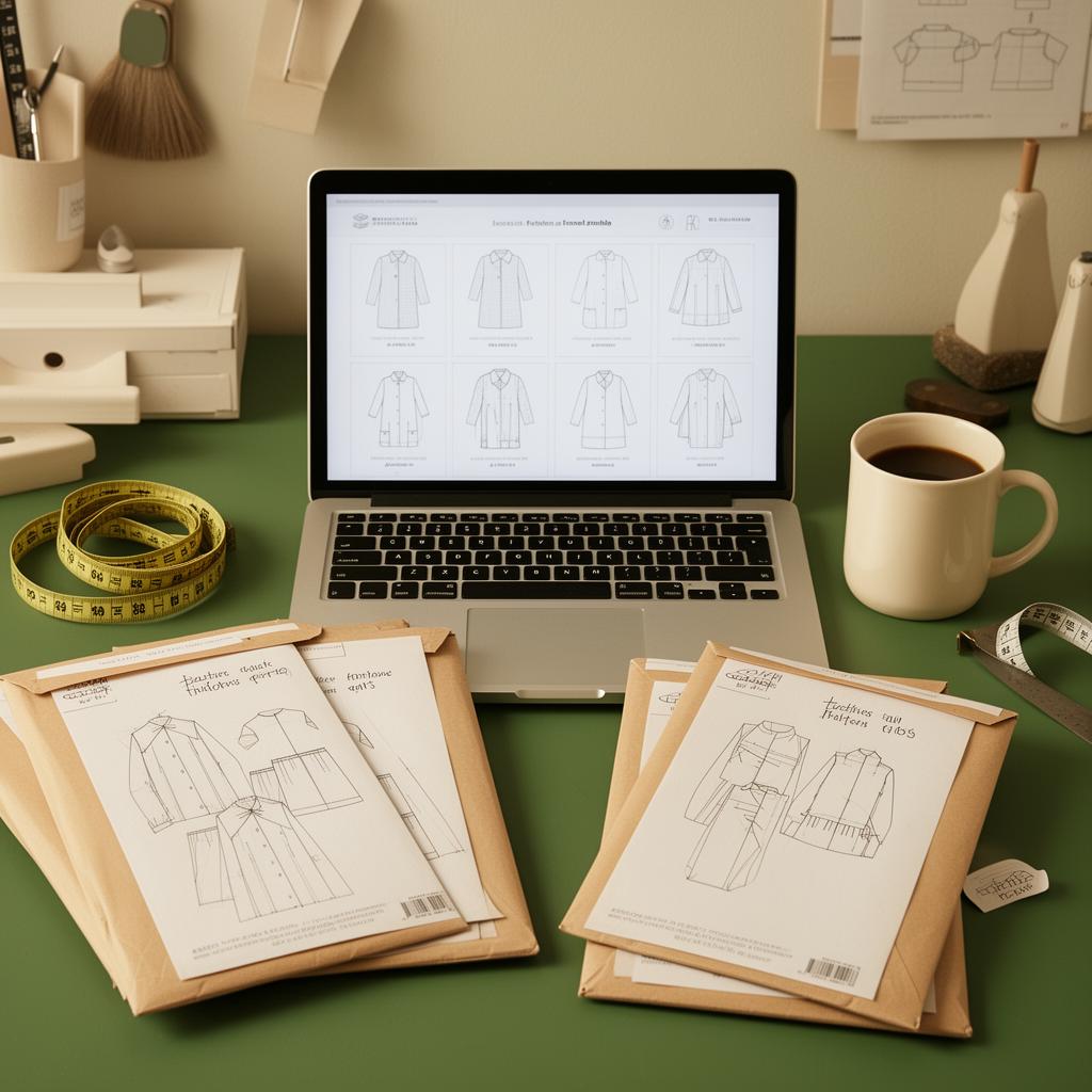 Comparison of sewing pattern organizer apps on a laptop and pattern envelopes