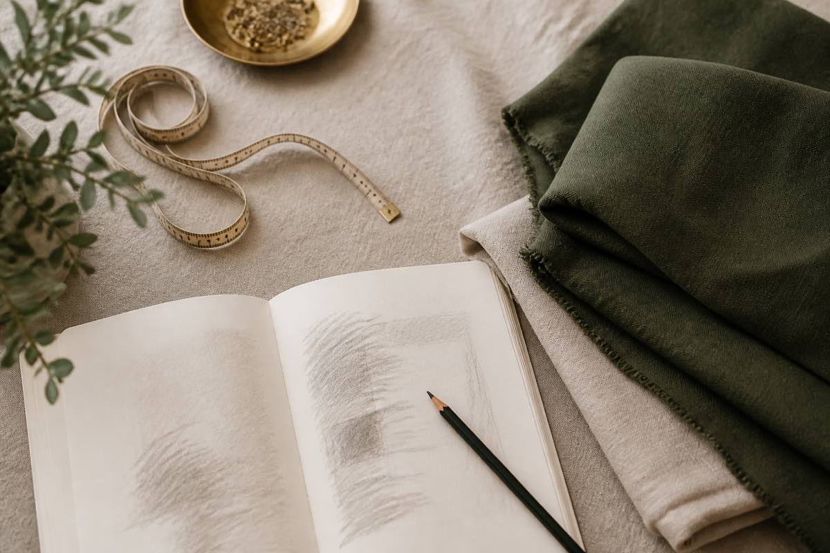Overhead flat lay of a coiled measuring tape, an open notebook with handwritten measurements, a pencil, and folded forest green and oatmeal fabric