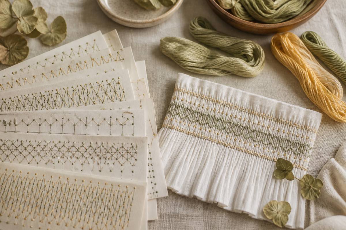 Smocking plates, pleated batiste sample and embroidery floss arranged on a table