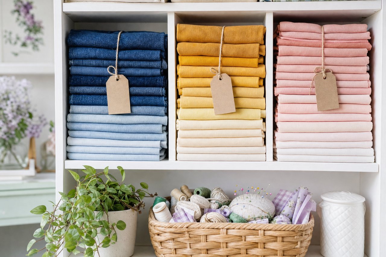 Folded fabric stash on open shelves, each stack with a paper tag noting width and yardage