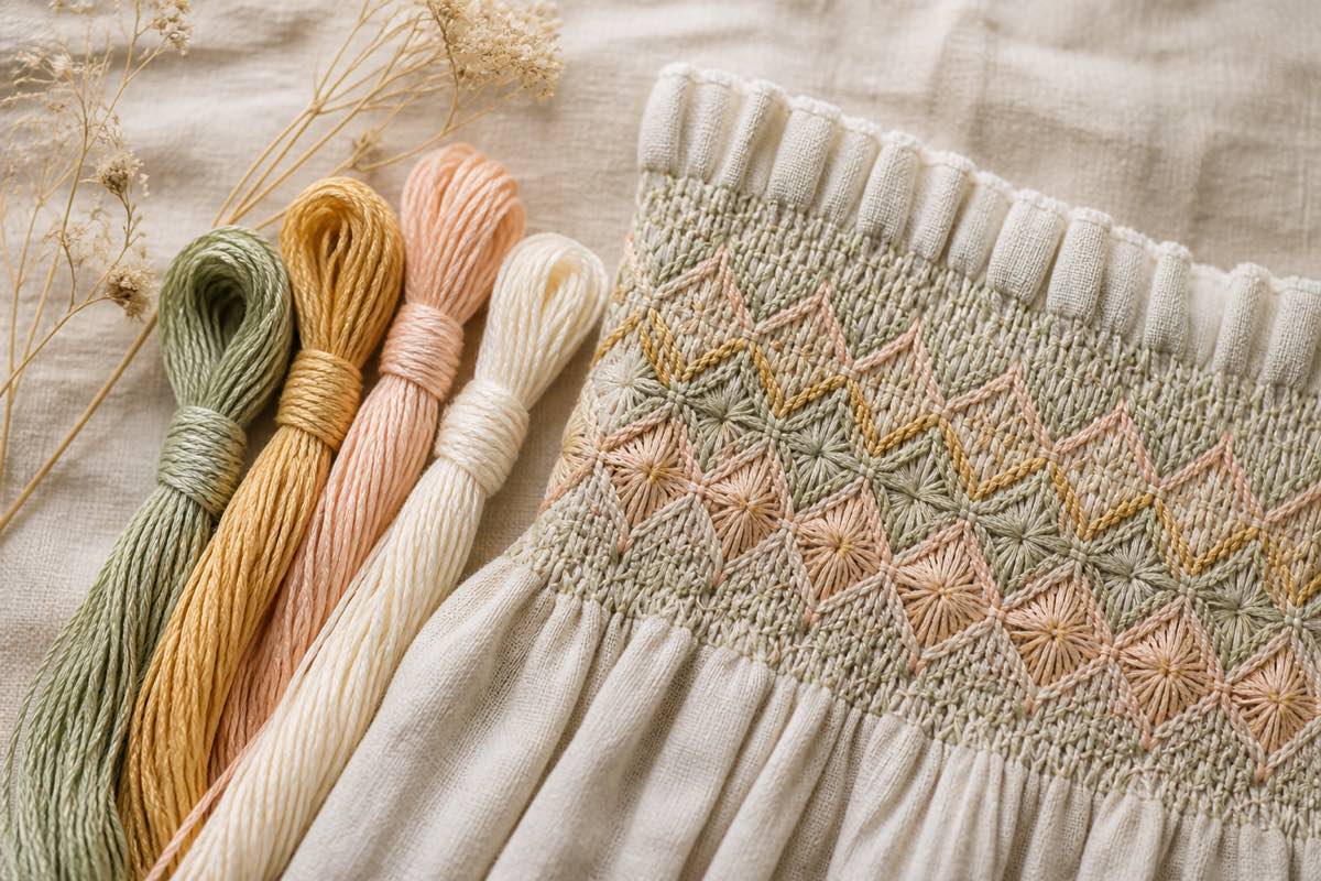 Bundle of pastel DMC and silk floss skeins arranged next to a smocked sample