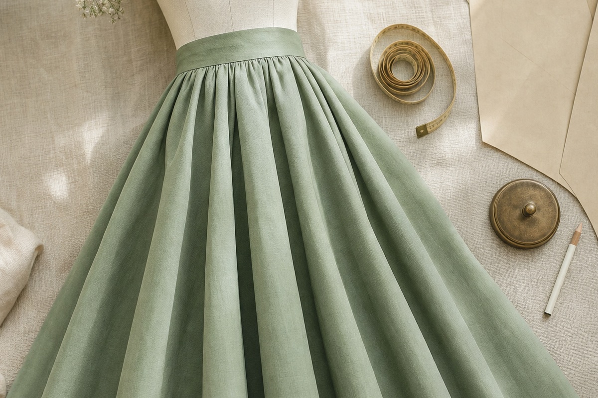 Sage green circle skirt on a dress form with a coiled tape measure and tissue pattern pieces on a linen background