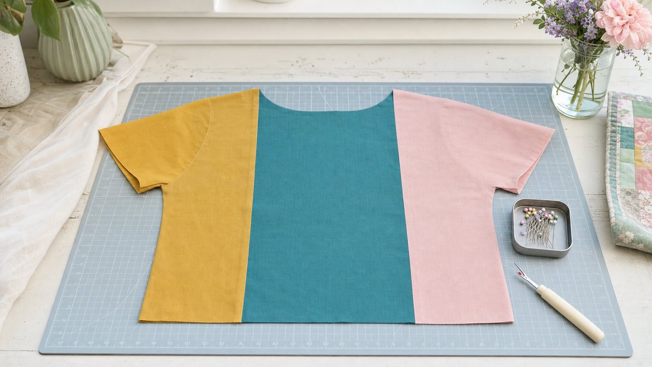 Cut panels of mustard, teal and blush cotton poplin arranged edge to edge on a cutting mat in the shape of a blouse