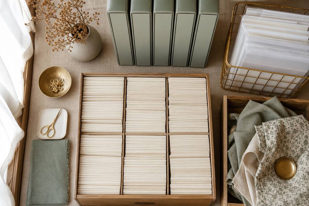 Complete sewing pattern organization system with digital catalog and labeled envelopes