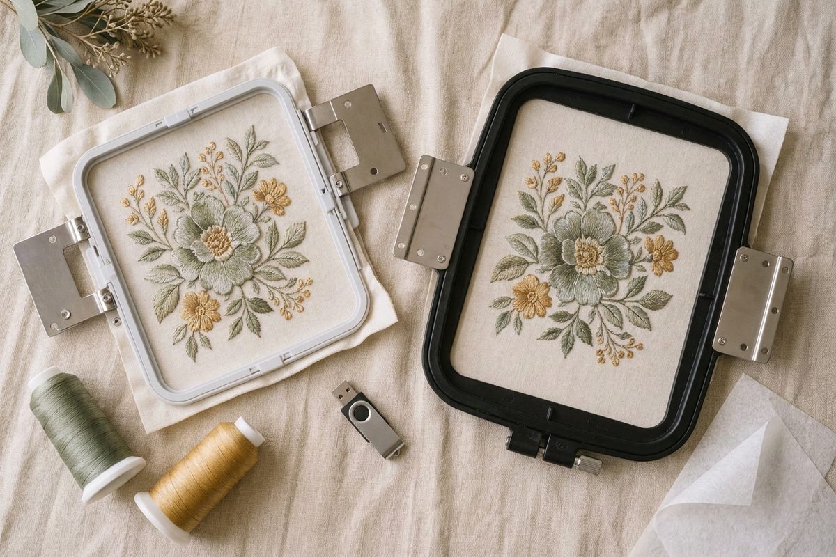 A white home-machine hoop and a black multi-needle machine hoop on linen, each holding the same sage and gold floral design, with a USB drive and thread