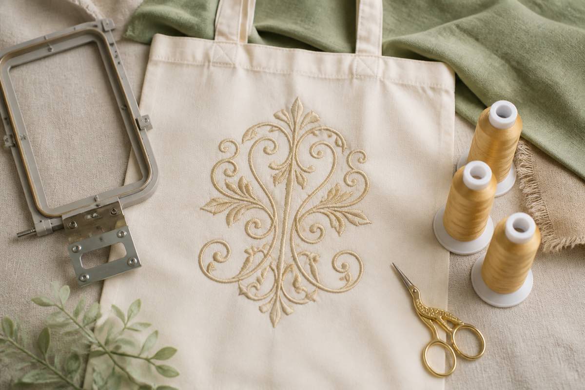 Elegant embroidered three-letter monogram on a cream tote bag beside gold scissors and thread spools