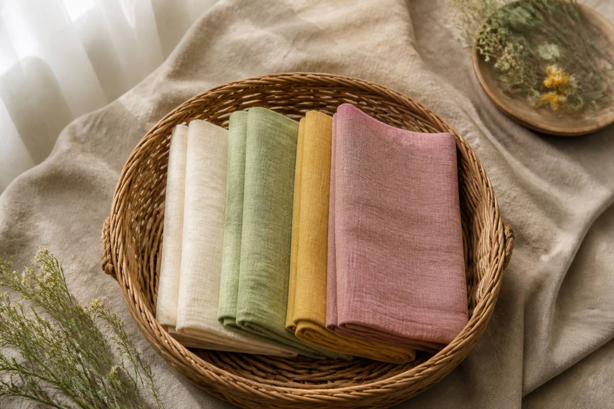 Neatly folded fabric stacks in a wicker basket beside a cream linen sofa in soft morning light