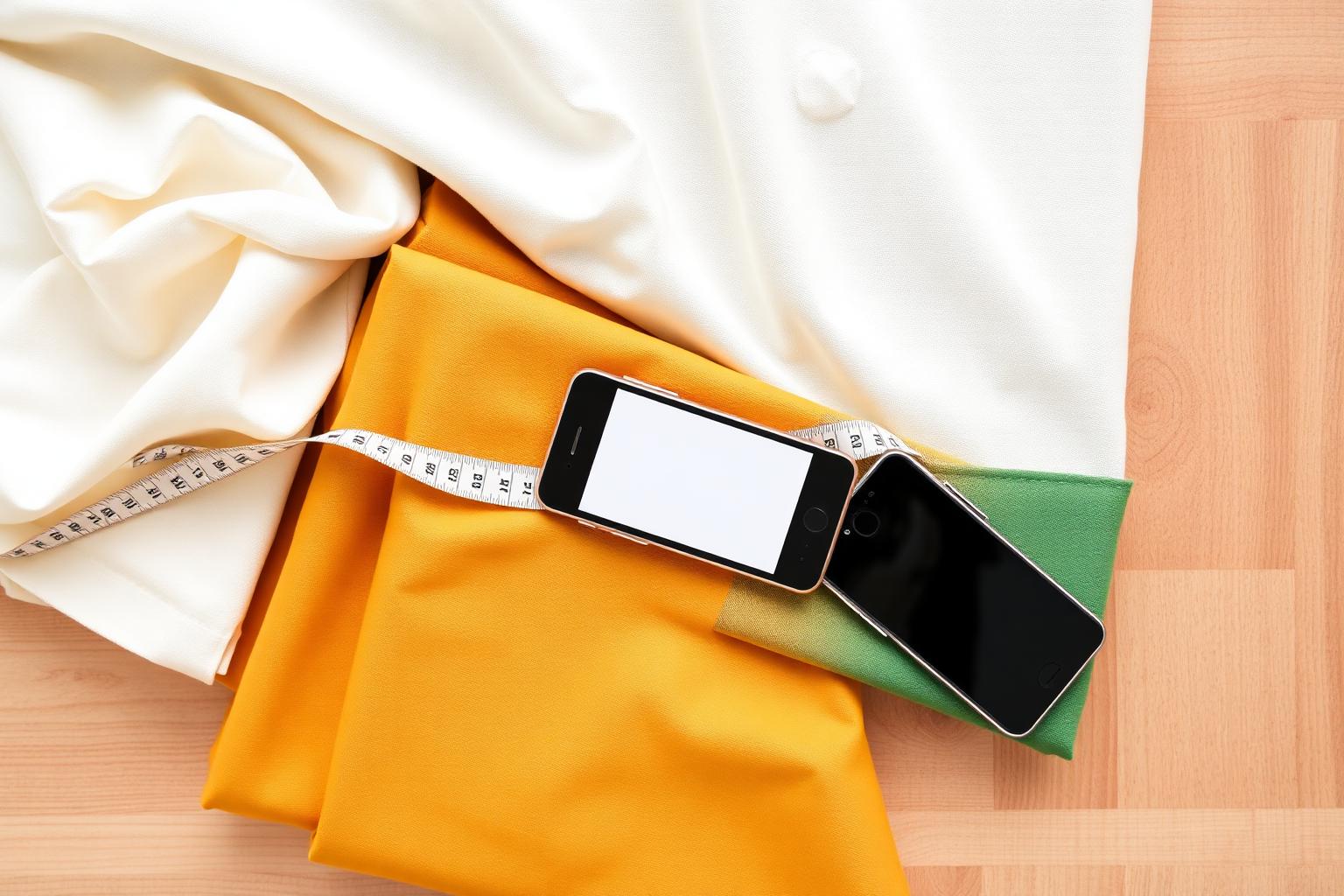 A digital fabric stash catalog on a phone and laptop beside neatly folded fabric