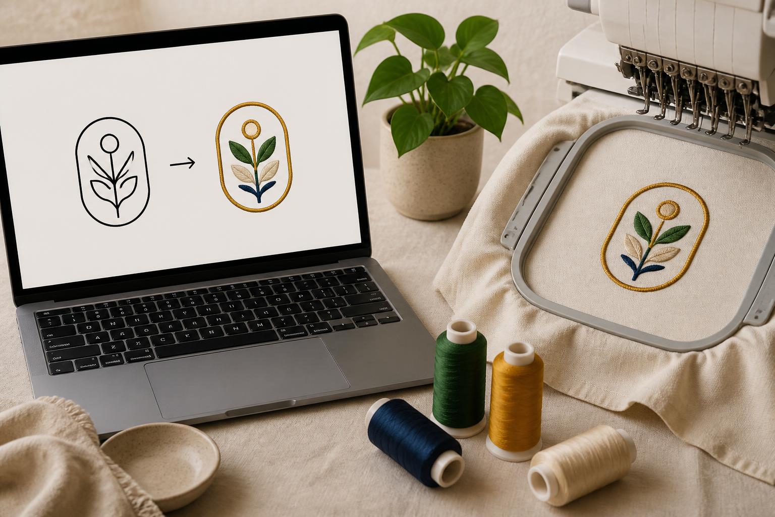 Laptop showing a logo being converted into an embroidery design beside an embroidery hoop with the stitched result