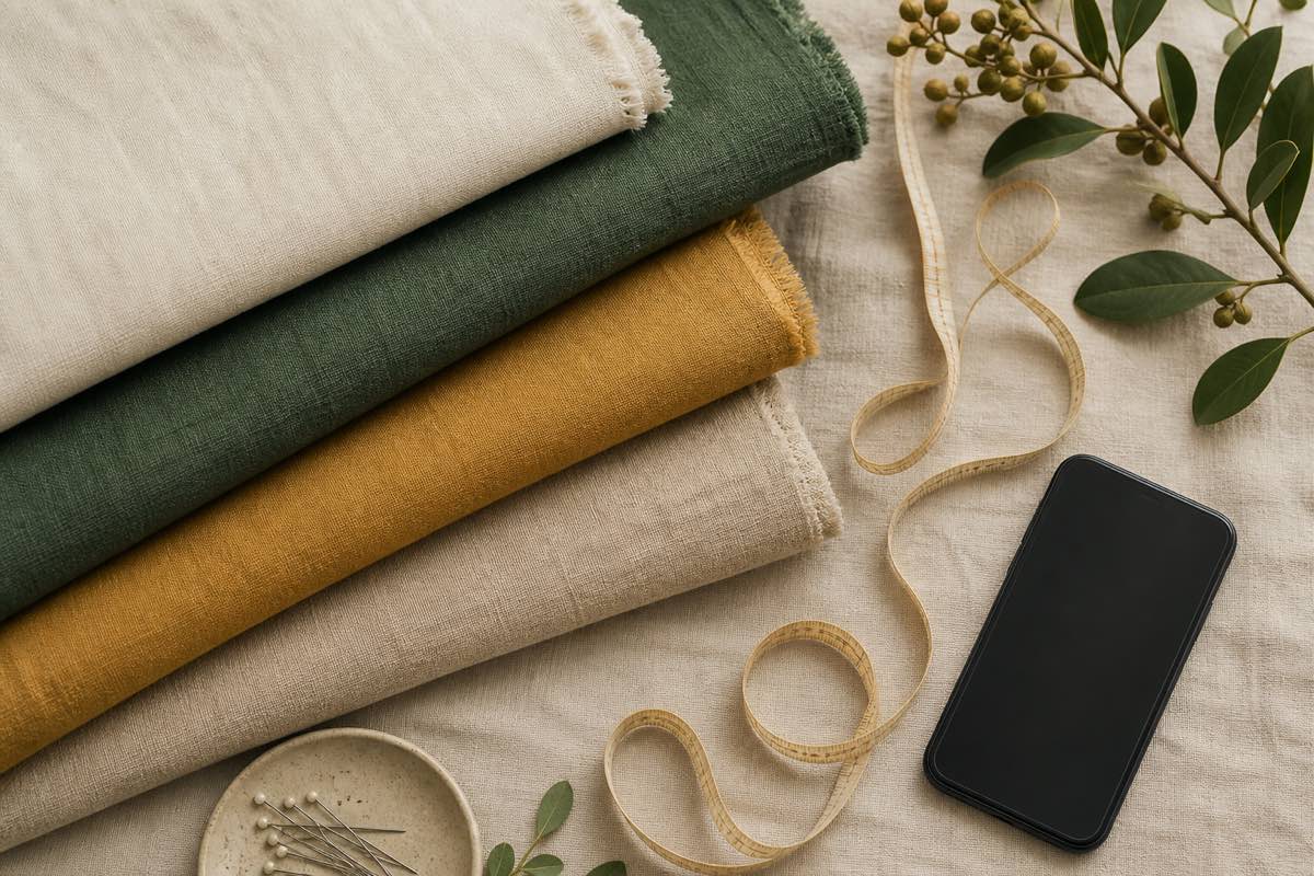 Overhead flat lay of folded fabric bolts in cream, forest green, mustard, and oatmeal with a measuring tape and a smartphone showing a photo grid