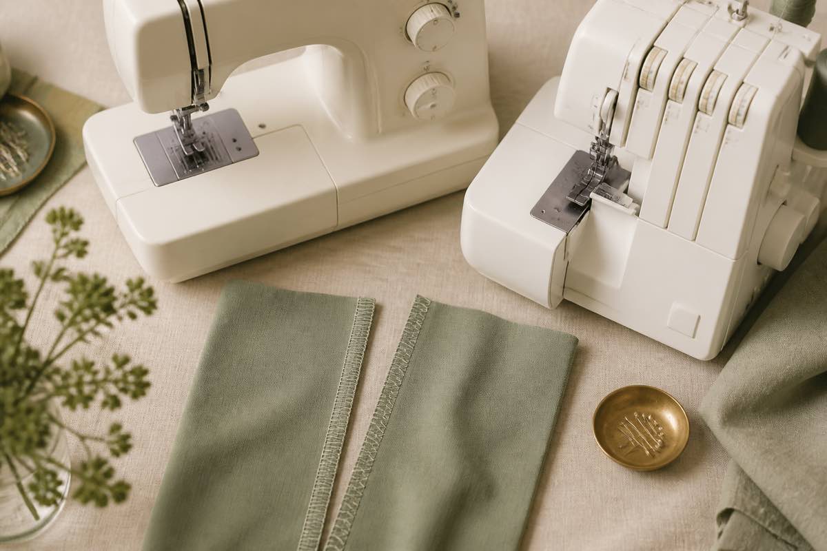 A serger/overlocker beside a regular sewing machine, with fabric showing a clean overlocked seam edge next to a zigzag-finished edge