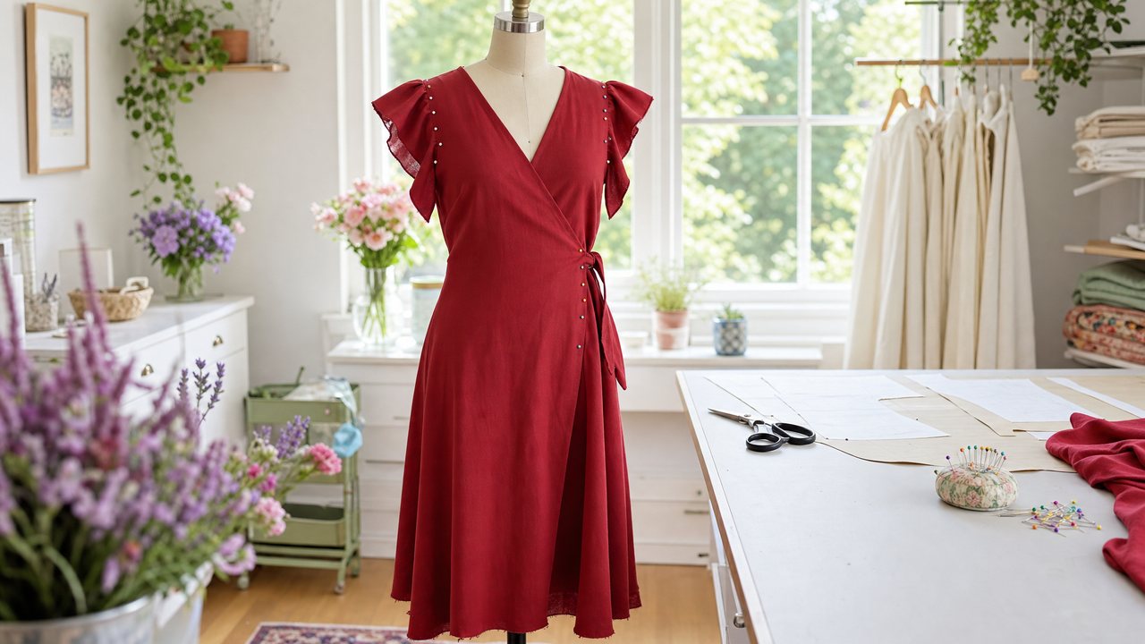 A dress form wearing a half-finished midi dress in deep red crepe, with pattern pieces and shears on a nearby cutting table
