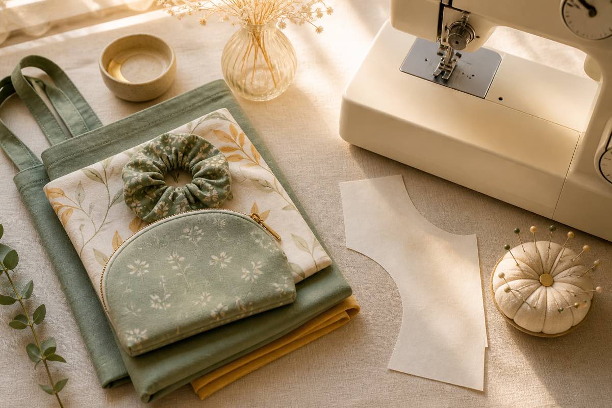 Stack of folded pastel beginner sewing projects beside a sewing machine, paper pattern, and pincushion in warm morning light