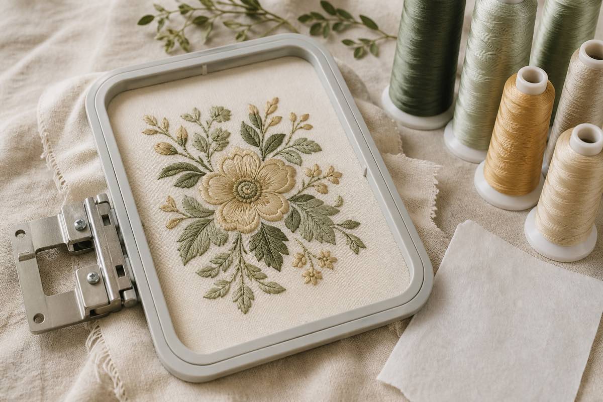 Embroidery design on a monitor showing editable stitch nodes beside a finished embroidered hoop