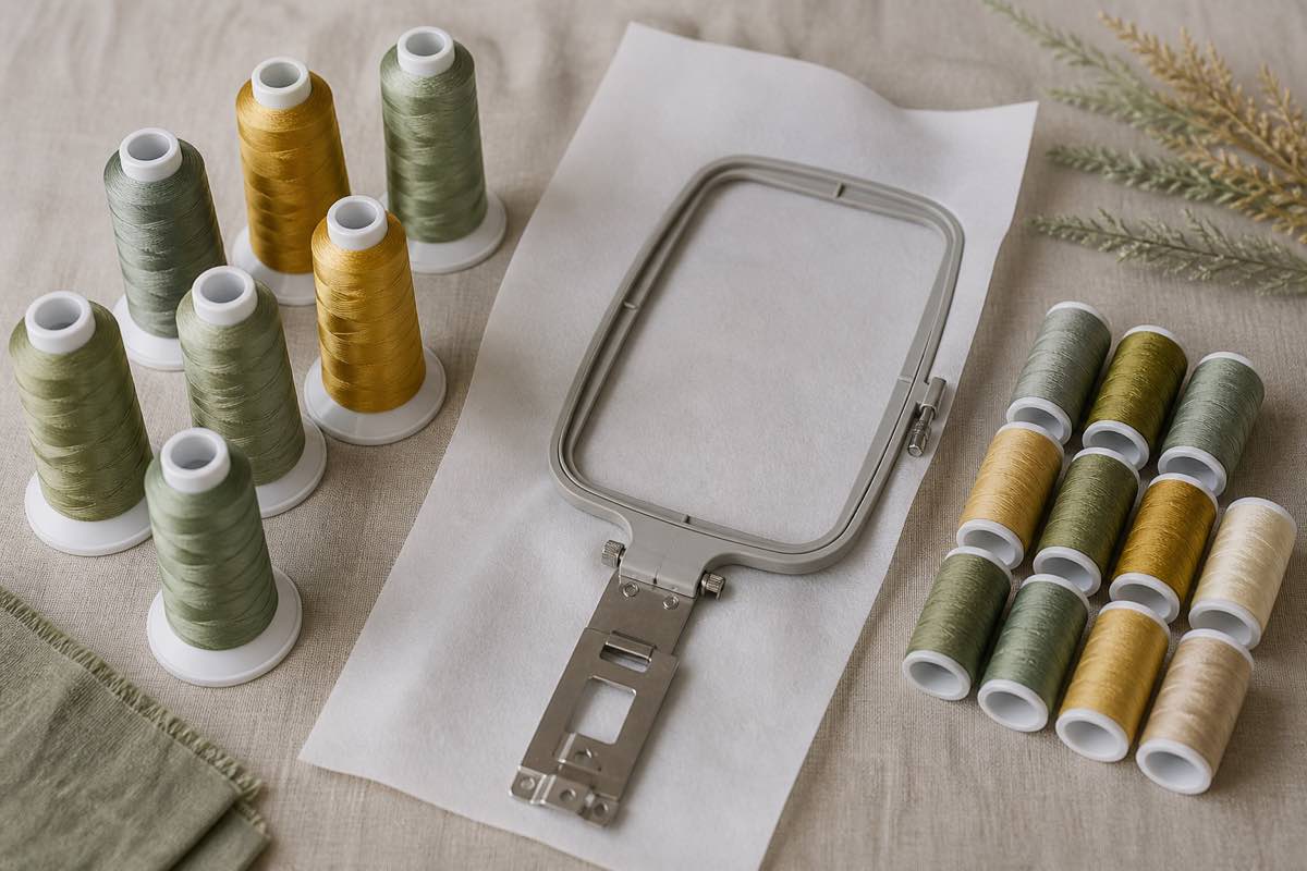 Overhead flat lay of a dual sewing and embroidery workspace with jewel-tone embroidery thread spools, stabilizer sheets, an embroidery hoop, and neutral all-purpose sewing thread spools beside folded fabric