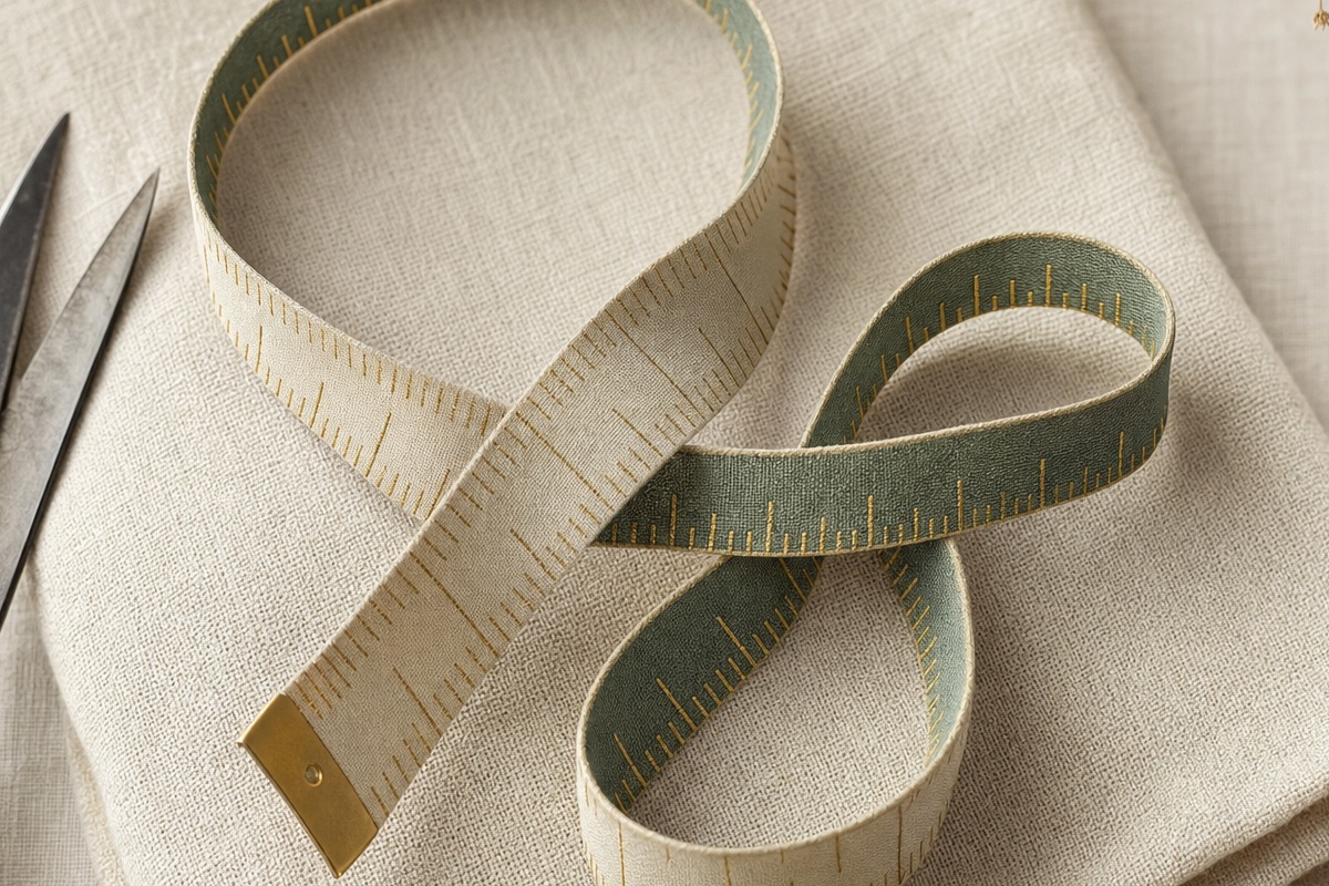 Dual-sided inch and centimeter tape measure coiled on folded linen fabric beside scissors and a wooden ruler