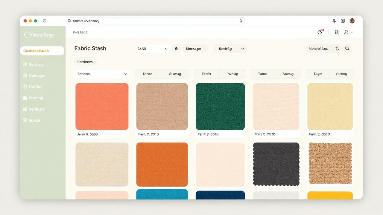 Fabric stash inventory dashboard showing colorful fabric swatches in a visual grid