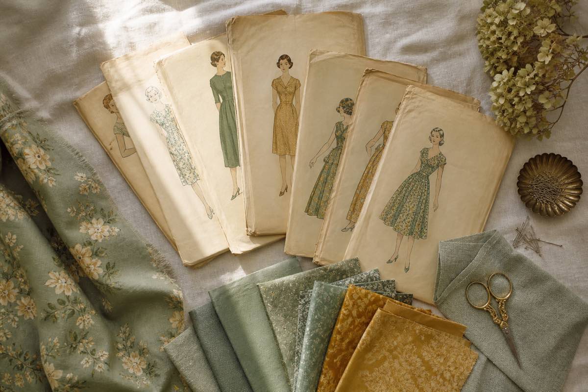 AI-powered sewing pattern search bar over a flat lay of vintage pattern envelopes