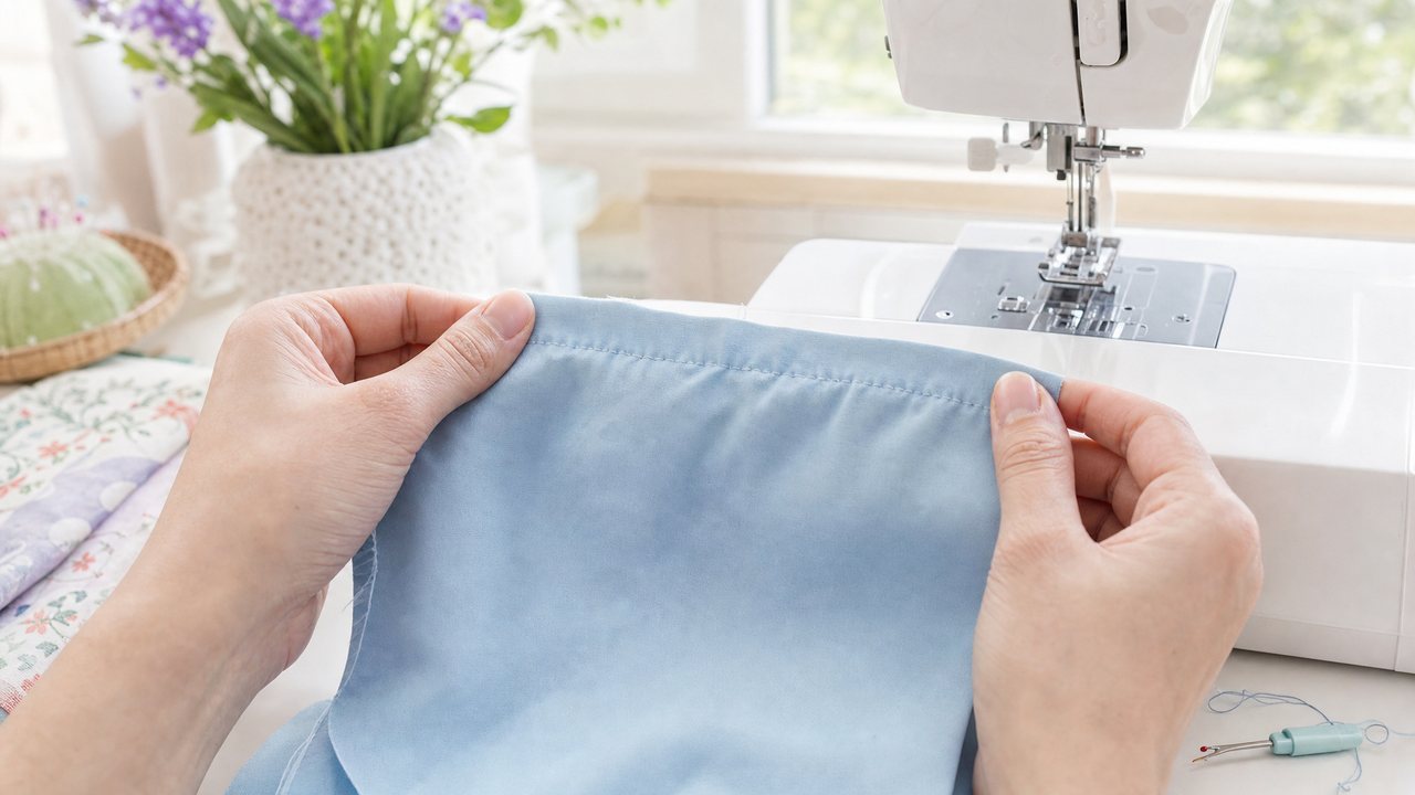 Close view of a puckered seam on pale blue cotton lawn held taut between two hands above a sewing machine bed