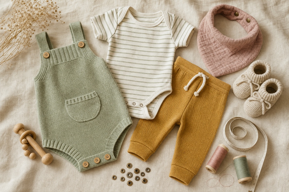Handmade baby clothes on cream linen: a sage romper, a striped bodysuit, mustard leggings, a pink bib and soft booties beside a wooden rattle, snaps and thread