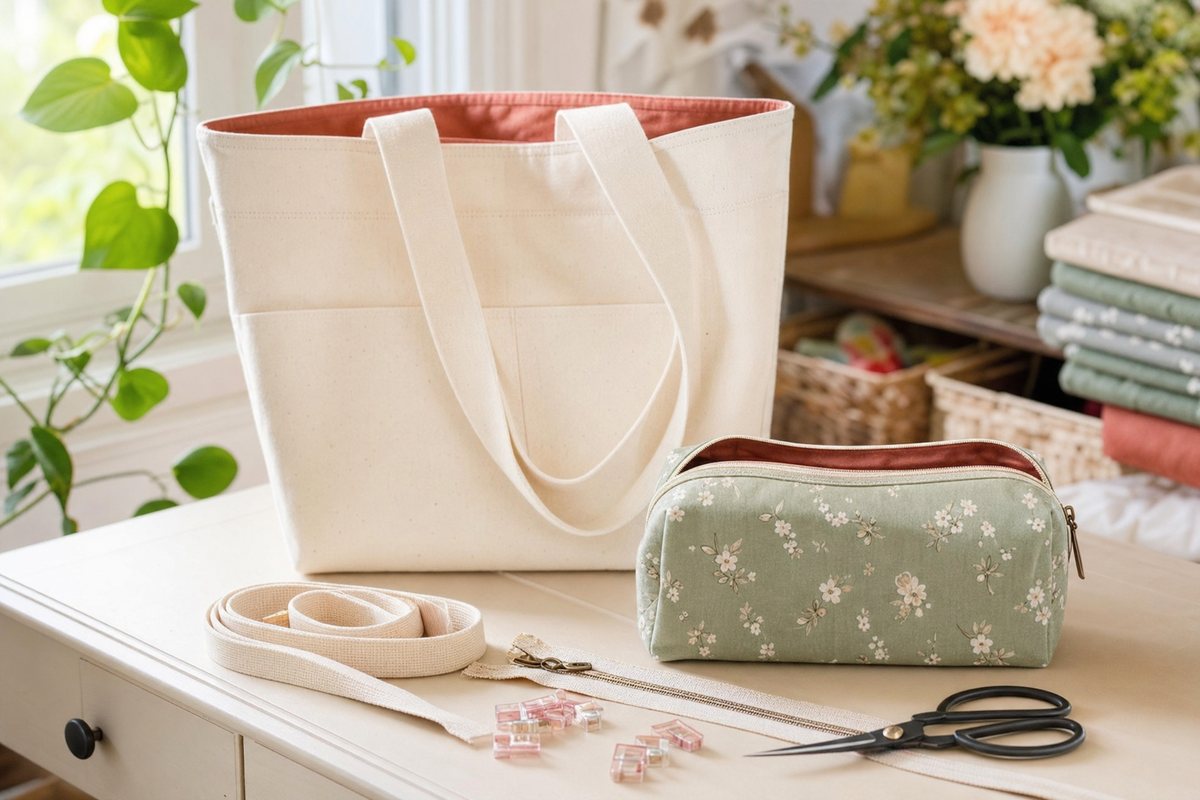 A cream canvas tote with a terracotta lining and a sage floral zip pouch on a sewing table with cotton webbing, a zipper, fabric clips and shears