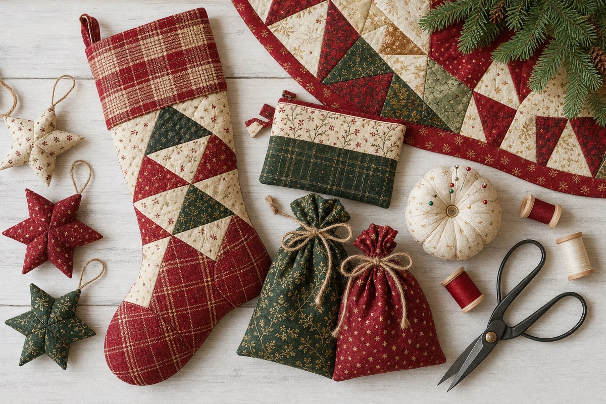 A quilted red plaid Christmas stocking, fabric star ornaments, a patchwork tree skirt, a zip pouch and fabric gift bags tied with twine on a white table