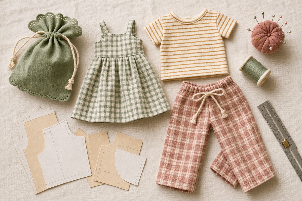 Miniature handmade doll clothes on cream linen: a green gingham sundress, a mustard striped tee, pink plaid pajama pants and a scalloped drawstring bag beside small paper pattern pieces, a pincushion and thread