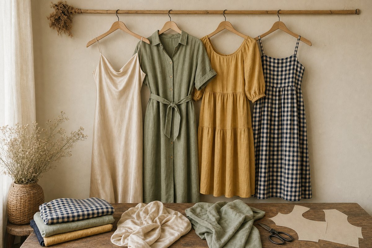 Four handmade dresses on wooden hangers against a cream wall: a champagne slip dress, sage linen shirt dress, gold tiered smock dress and navy gingham sundress