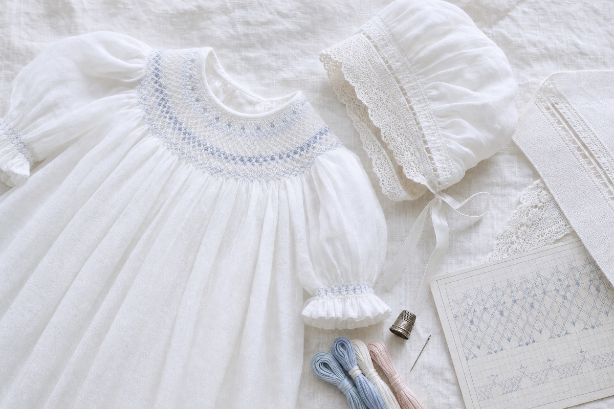 A white batiste smocked bishop baby dress with pale blue smocking beside a lace-trimmed bonnet, a strip of lace insertion, a smocking plate graph, floss, a thimble and a needle