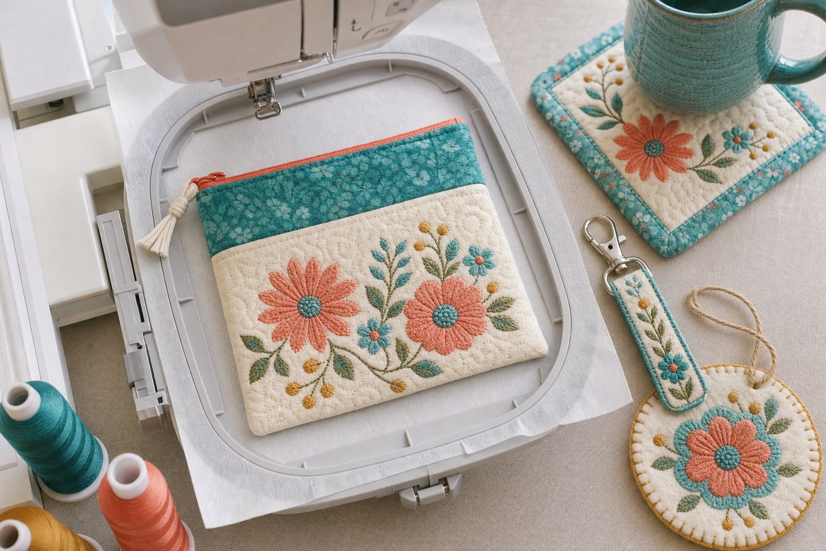 An embroidery machine hoop holding a stitched in-the-hoop zipper pouch with coral flowers, beside a mug rug, a key fob and a felt ornament