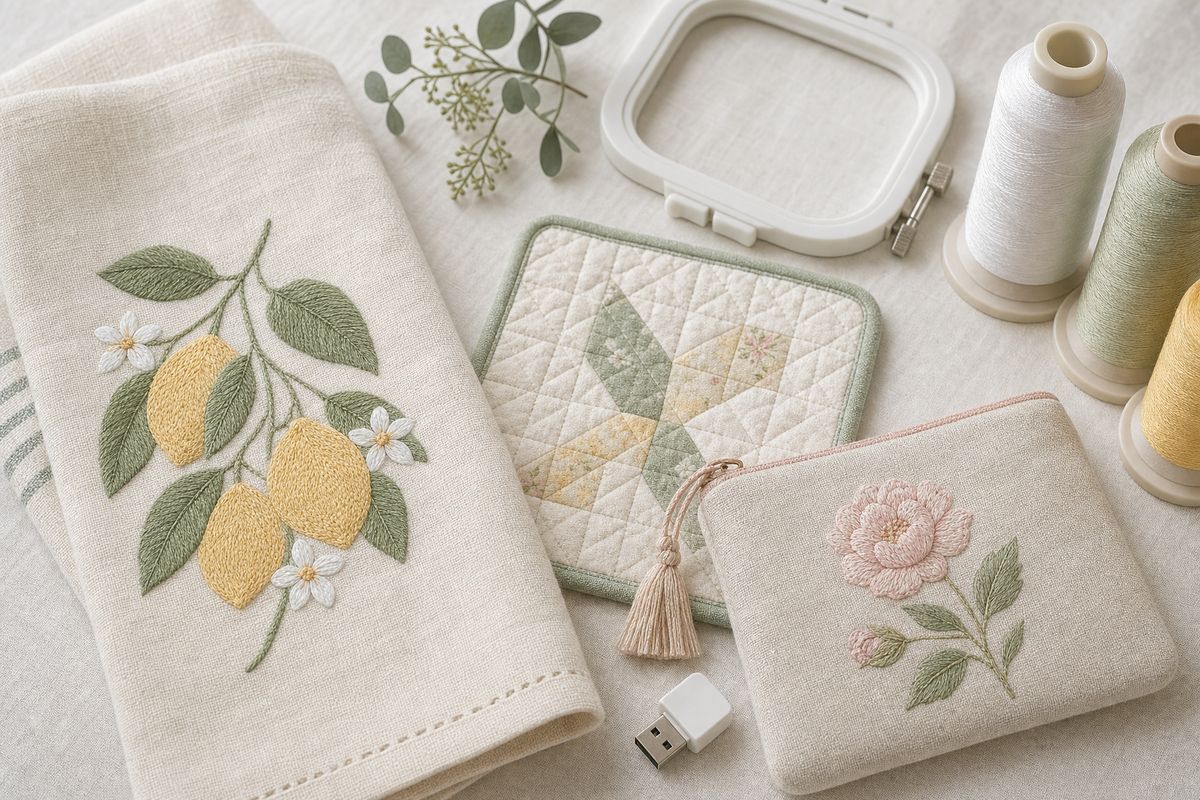 Finished machine embroidery projects on linen: a tea towel with a stitched lemon branch, a quilted mug rug and a floral zip pouch beside a hoop and thread cones