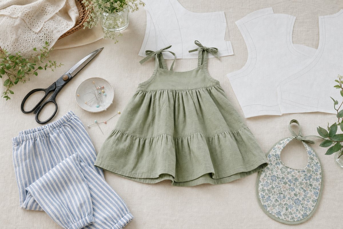 Flat lay of a sage green toddler sundress with tie straps, striped pull-on pants and a floral baby bib beside white pattern pieces, shears and pins