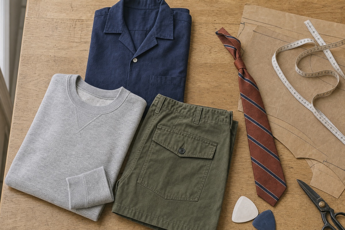 Flat lay on an oak worktable of a folded navy camp-collar shirt, olive cargo shorts, a grey crewneck sweatshirt and a rust striped tie beside paper pattern pieces, a tape measure and shears