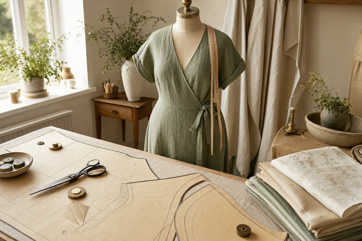 A dress form wearing a sage linen wrap dress in a sunny sewing studio, with brown paper pattern pieces, shears and folded fabric on the cutting table