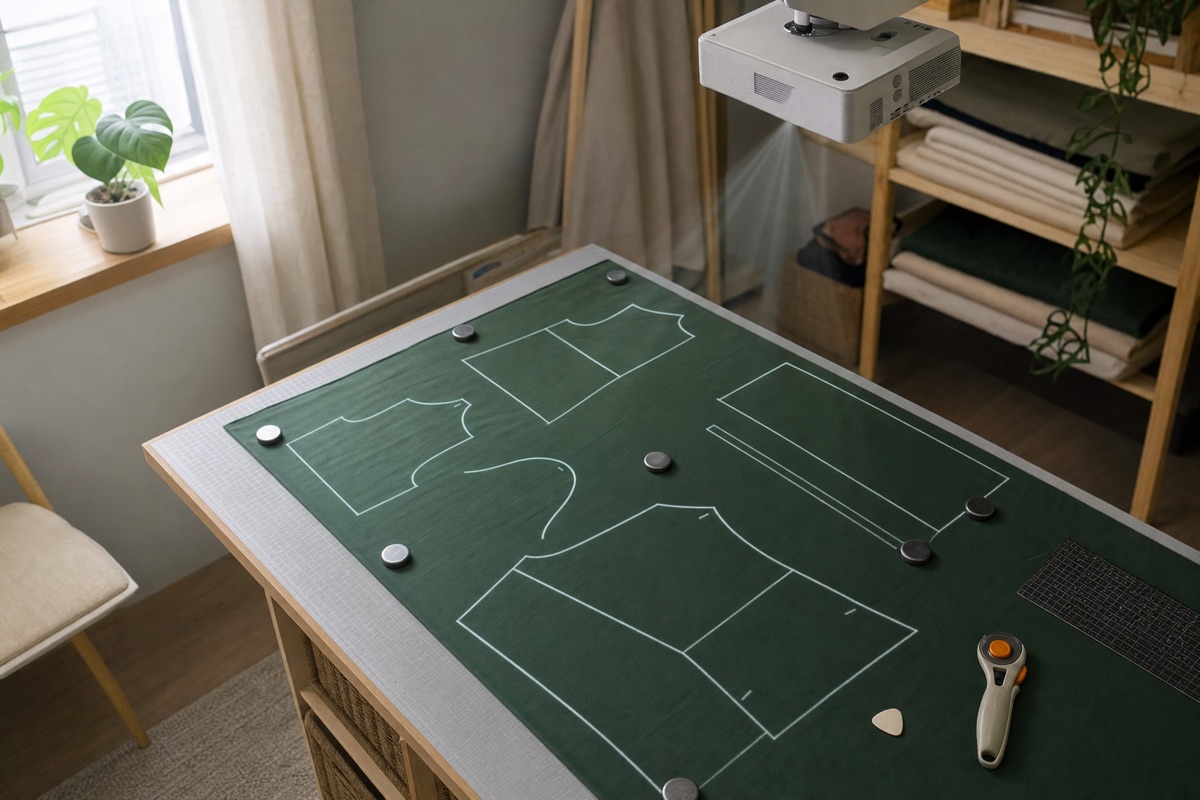 A projector mounted above a cutting table casting white pattern piece outlines onto dark green fabric, with pattern weights and a rotary cutter