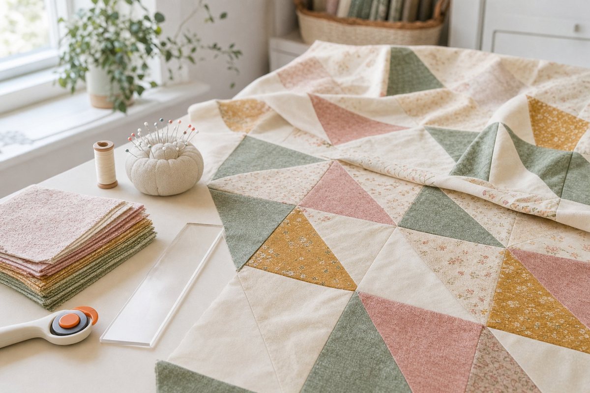 A half-square triangle quilt top in sage, cream, mustard and dusty rose on a table with a stack of cut squares, a rotary cutter and a clear ruler